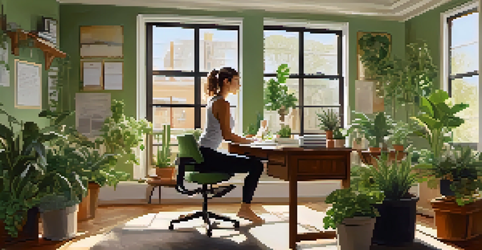 A person doing chair yoga in an office, stretching their back while sitting at a desk, with plants and natural light in the background.