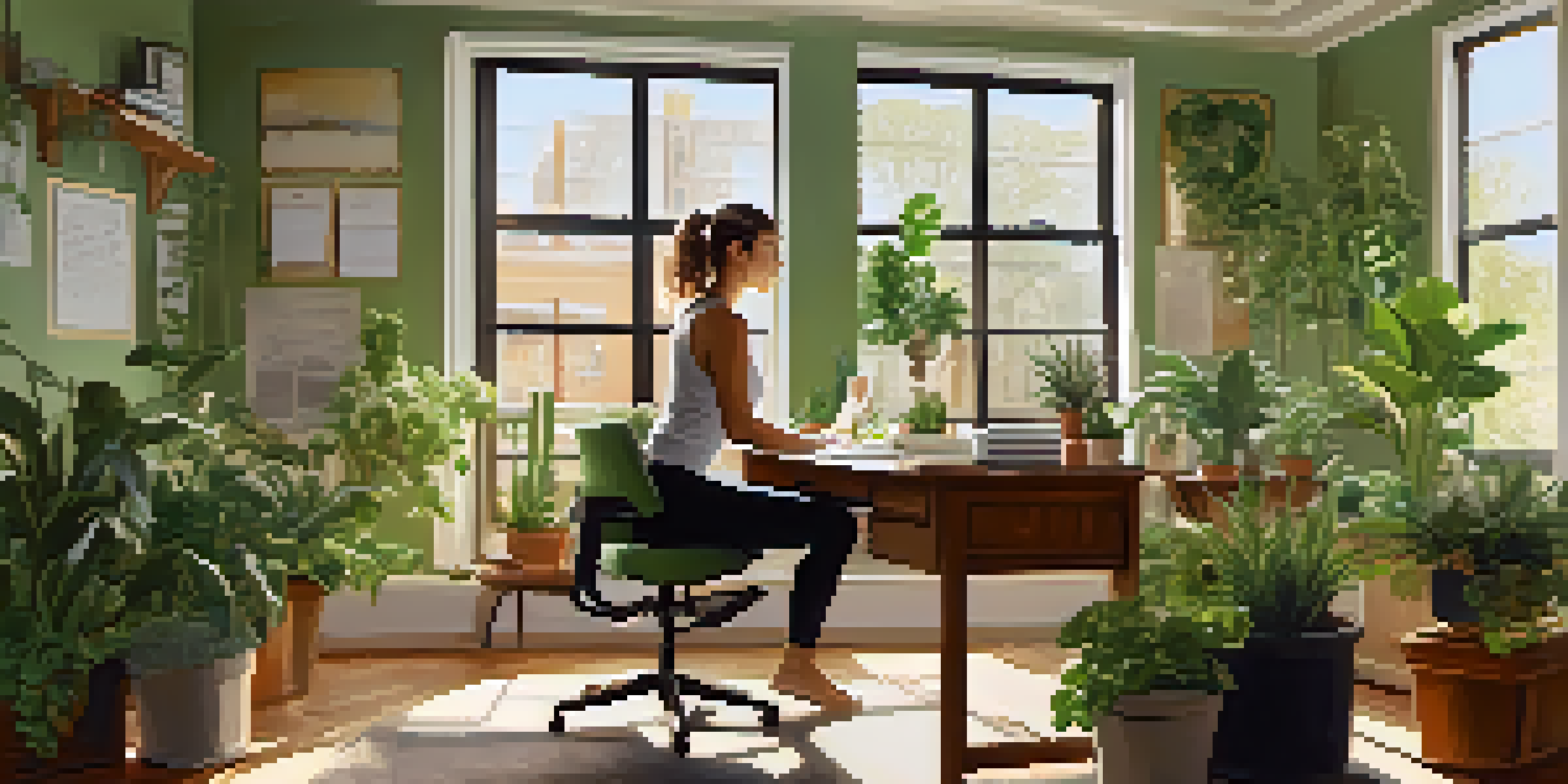 A person doing chair yoga in an office, stretching their back while sitting at a desk, with plants and natural light in the background.