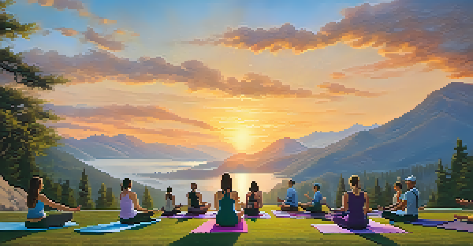 Individuals practicing yoga at sunrise with mountains and a colorful sky in the background.