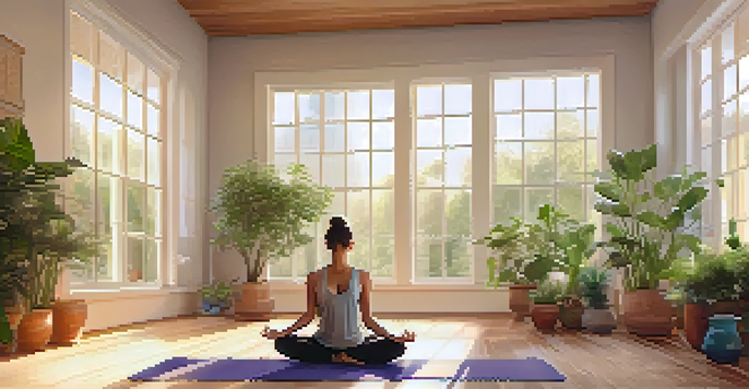 A yogi practicing yoga in a bright studio filled with plants and nutritional supplements on a shelf.