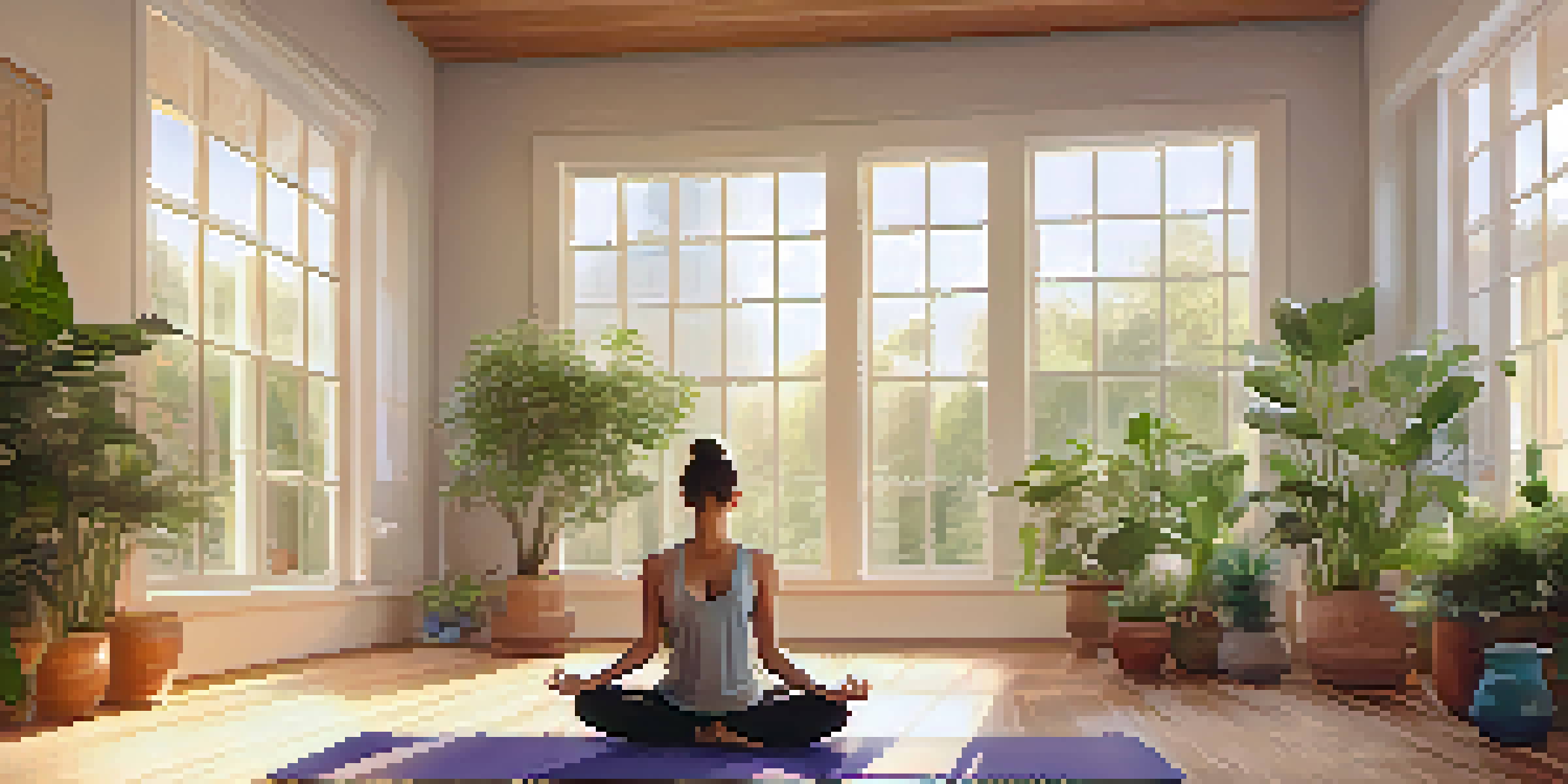 A yogi practicing yoga in a bright studio filled with plants and nutritional supplements on a shelf.
