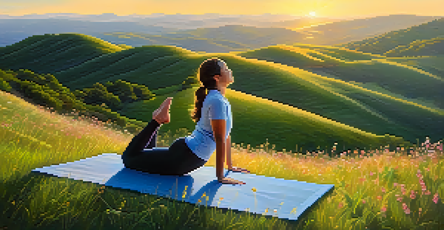 A person practicing Yoga Nidra on a hillside at sunset, surrounded by wildflowers and a peaceful landscape.