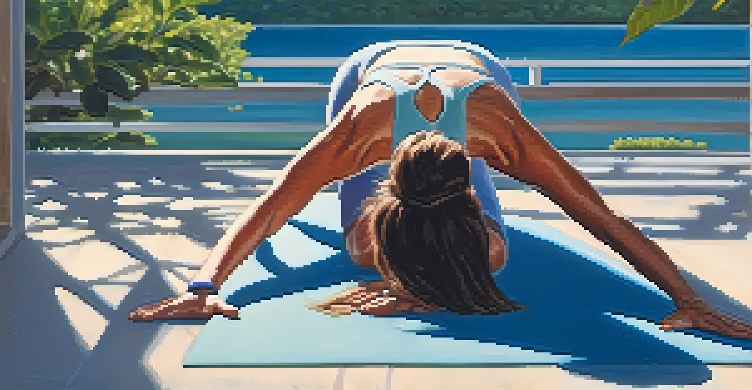 A person practicing Downward-Facing Dog pose in a tranquil outdoor setting surrounded by greenery.