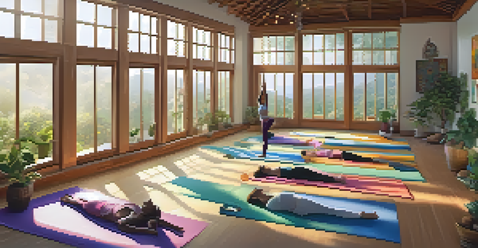 A yoga practitioner in a tranquil studio performing a yoga pose with singing bowls and cushions around, illuminated by natural light.