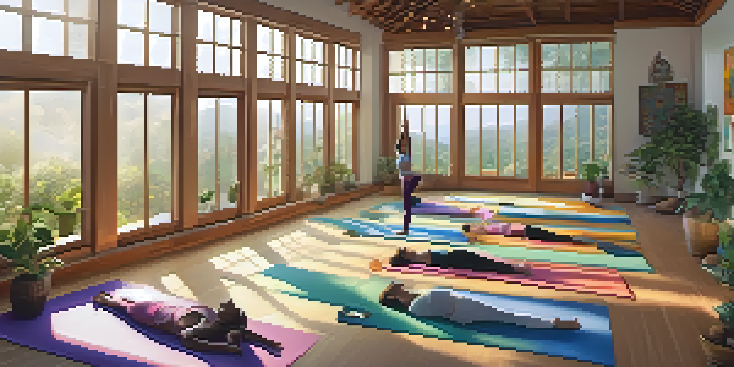 A yoga practitioner in a tranquil studio performing a yoga pose with singing bowls and cushions around, illuminated by natural light.