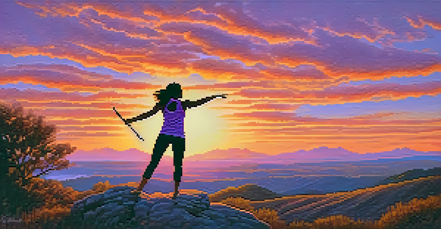 A person practicing Warrior II pose on a hilltop at sunset, with a vibrant sky in the background.