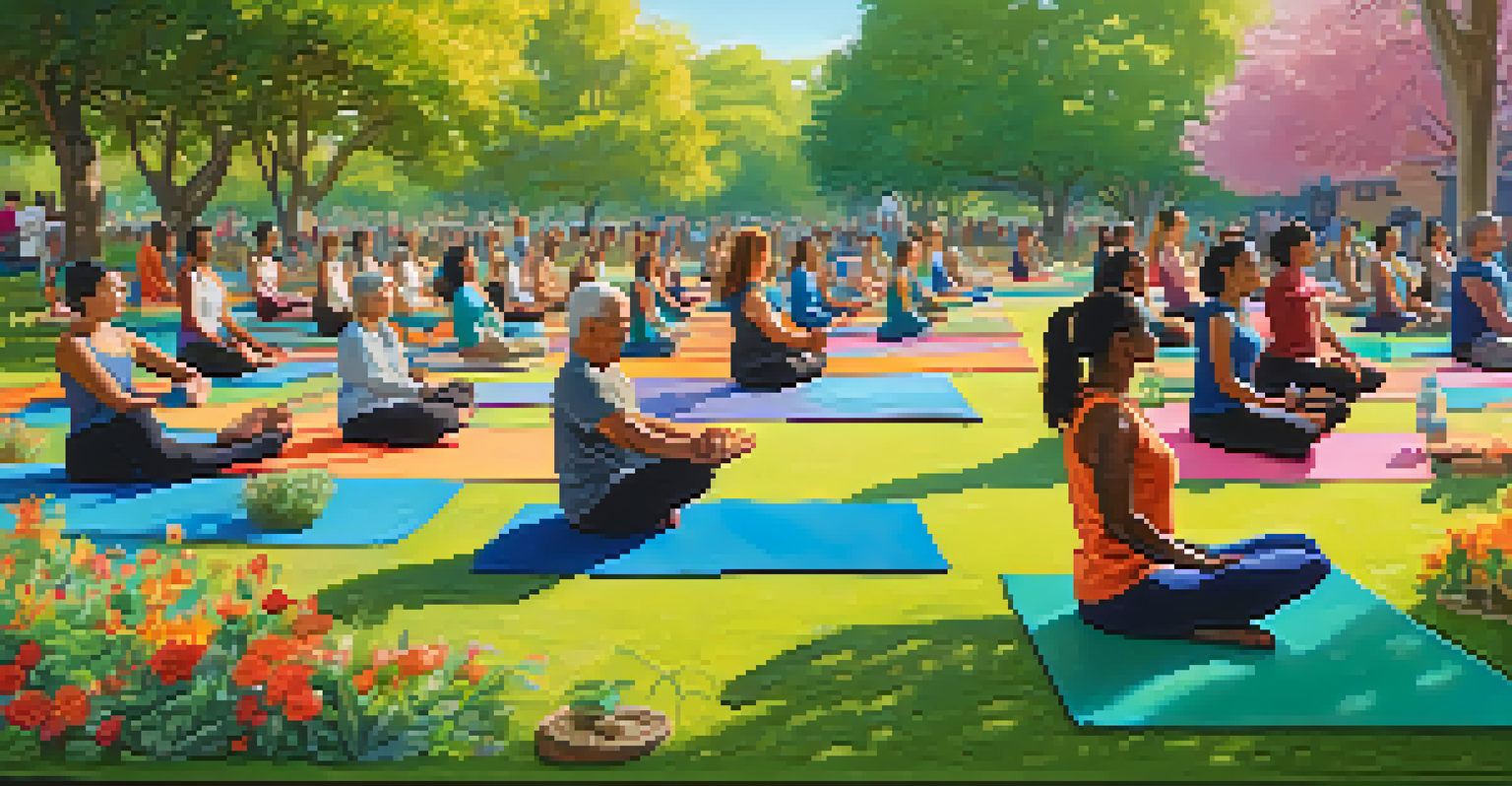 A diverse group of people practicing yoga in a park, surrounded by greenery and flowers under a blue sky.