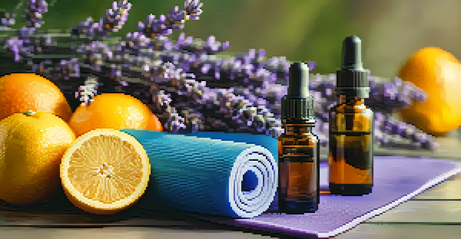 A close-up of a yoga mat with essential oil drops and fresh lavender and citrus fruits.
