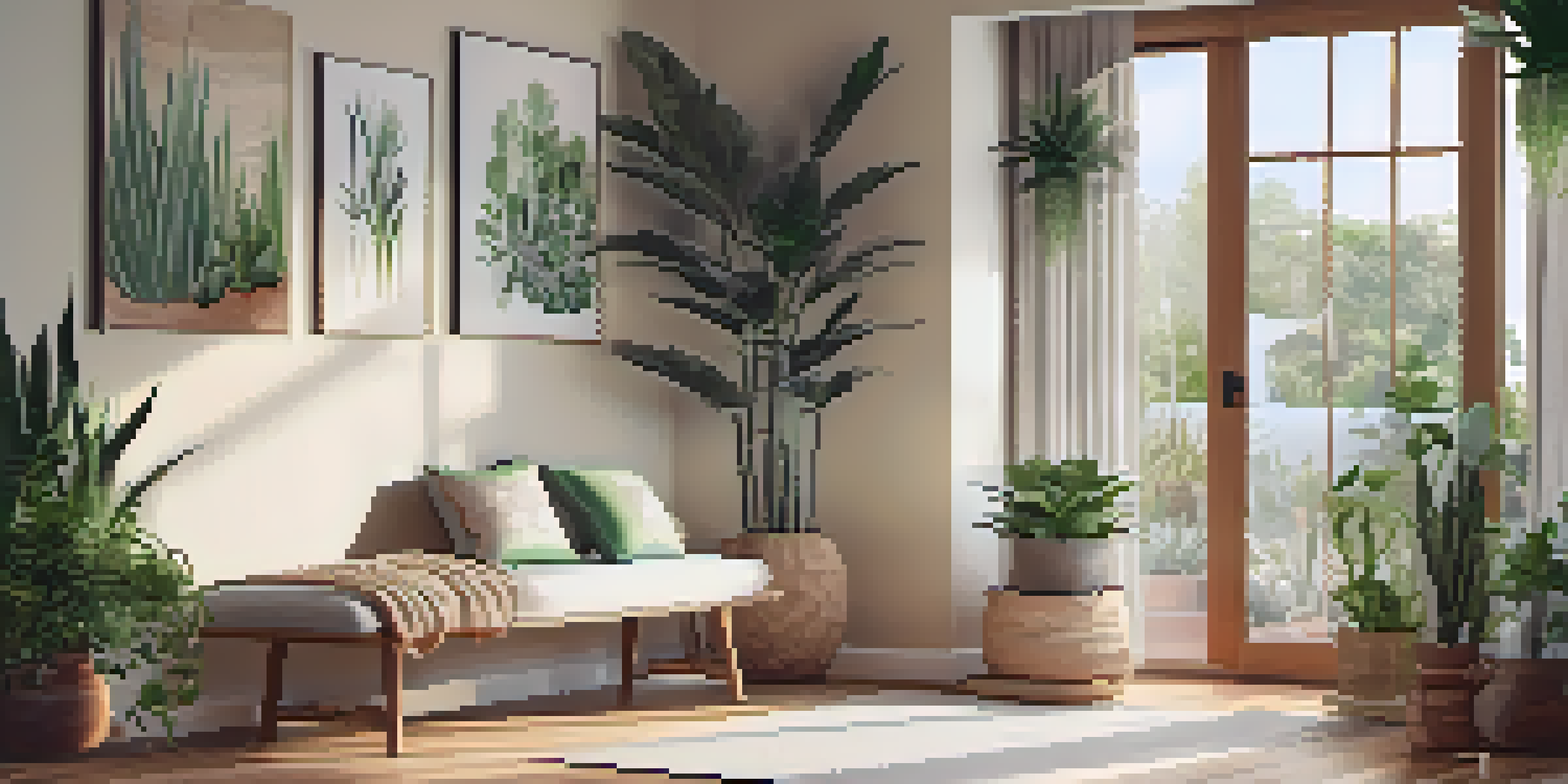 A cozy yoga sanctuary with a yoga mat, indoor plants, and soft lighting creating a tranquil atmosphere.