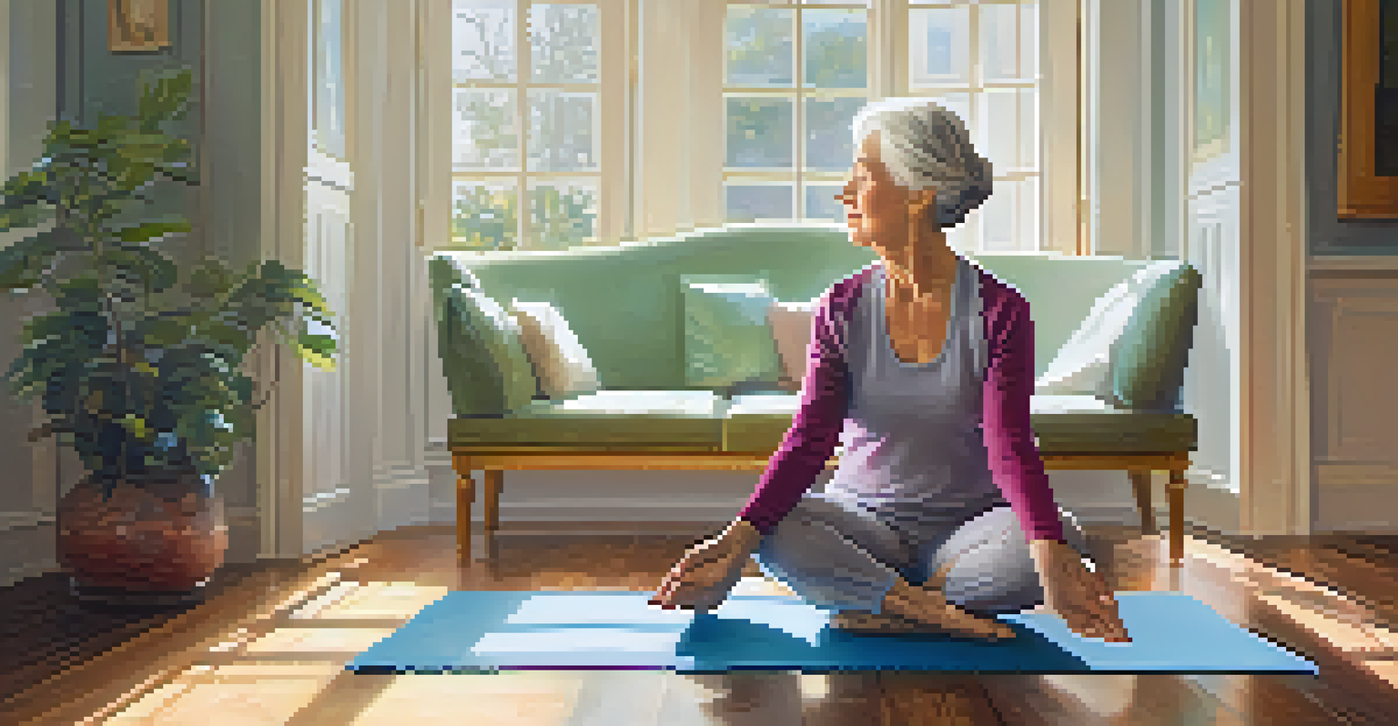 An elderly woman doing a seated forward bend in chair yoga, in a bright, serene room filled with soft textures and calming colors.