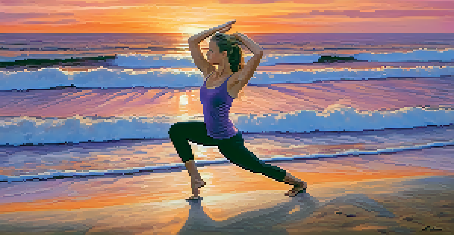 An athlete performing Warrior II pose on a beach during sunset, with colorful sky and ocean waves in the background.