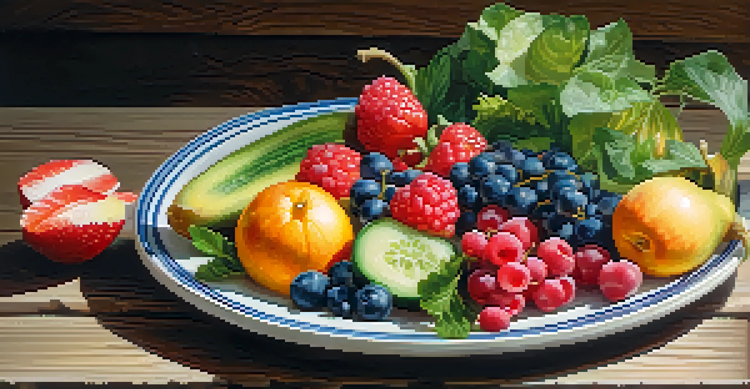 A colorful plate of seasonal fruits and vegetables displayed on a wooden table, with a glass of water beside it.