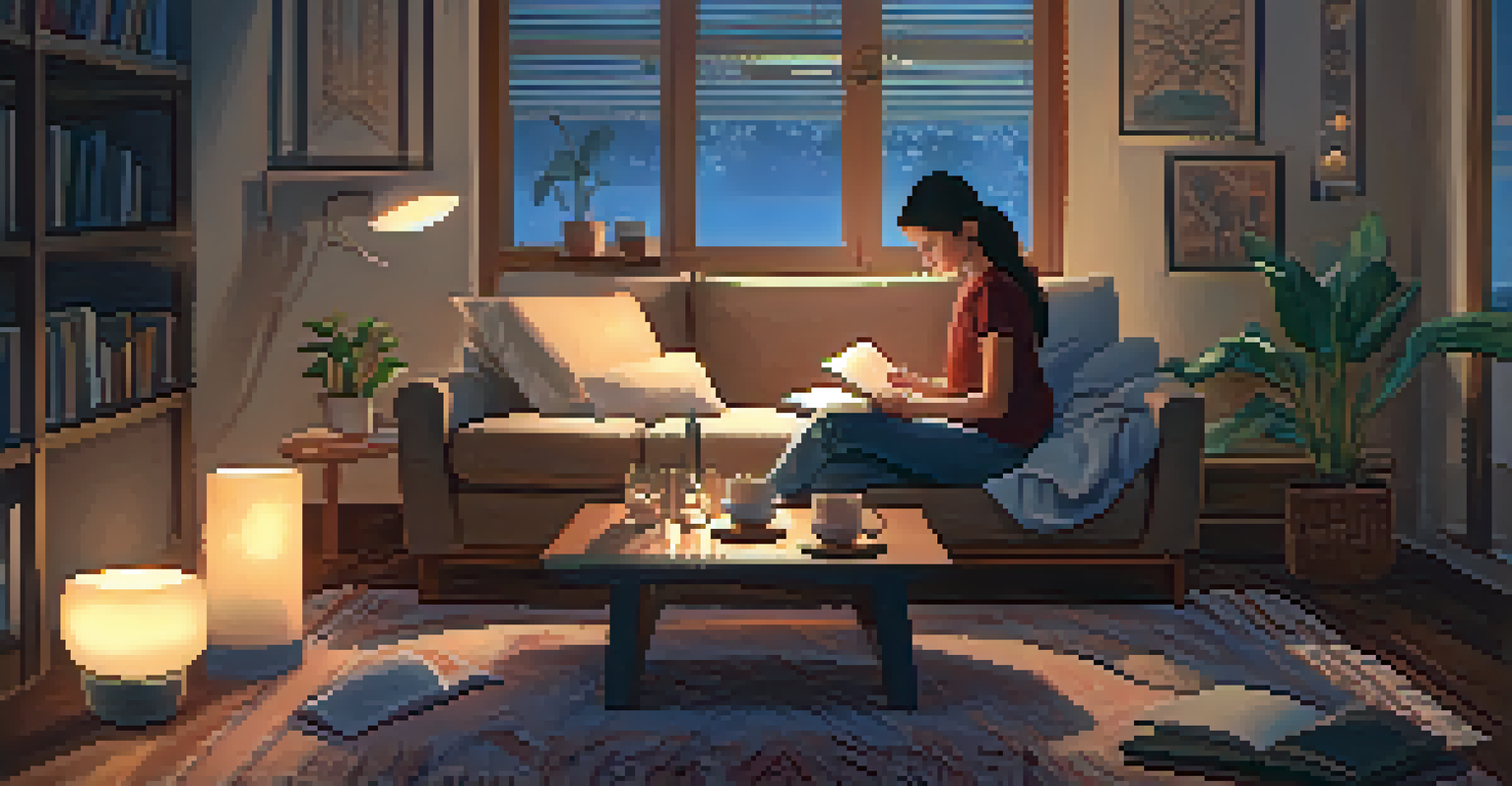 A person practicing breathwork in a cozy living room, surrounded by cushions and a warm lamp light.