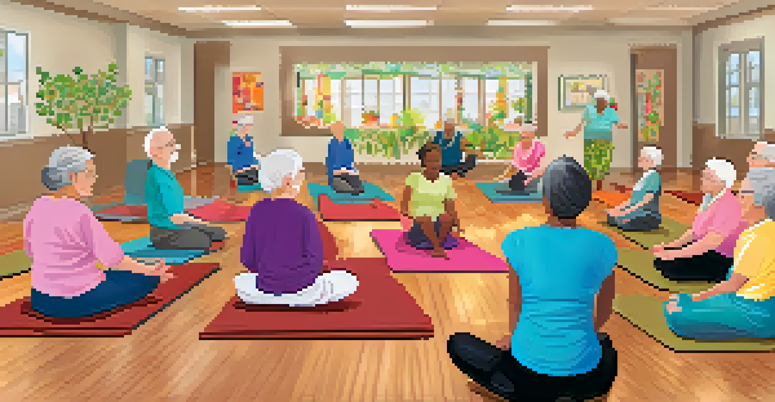 A caregiver leading a chair yoga session with elderly participants, all smiling and engaged in a colorful community center.