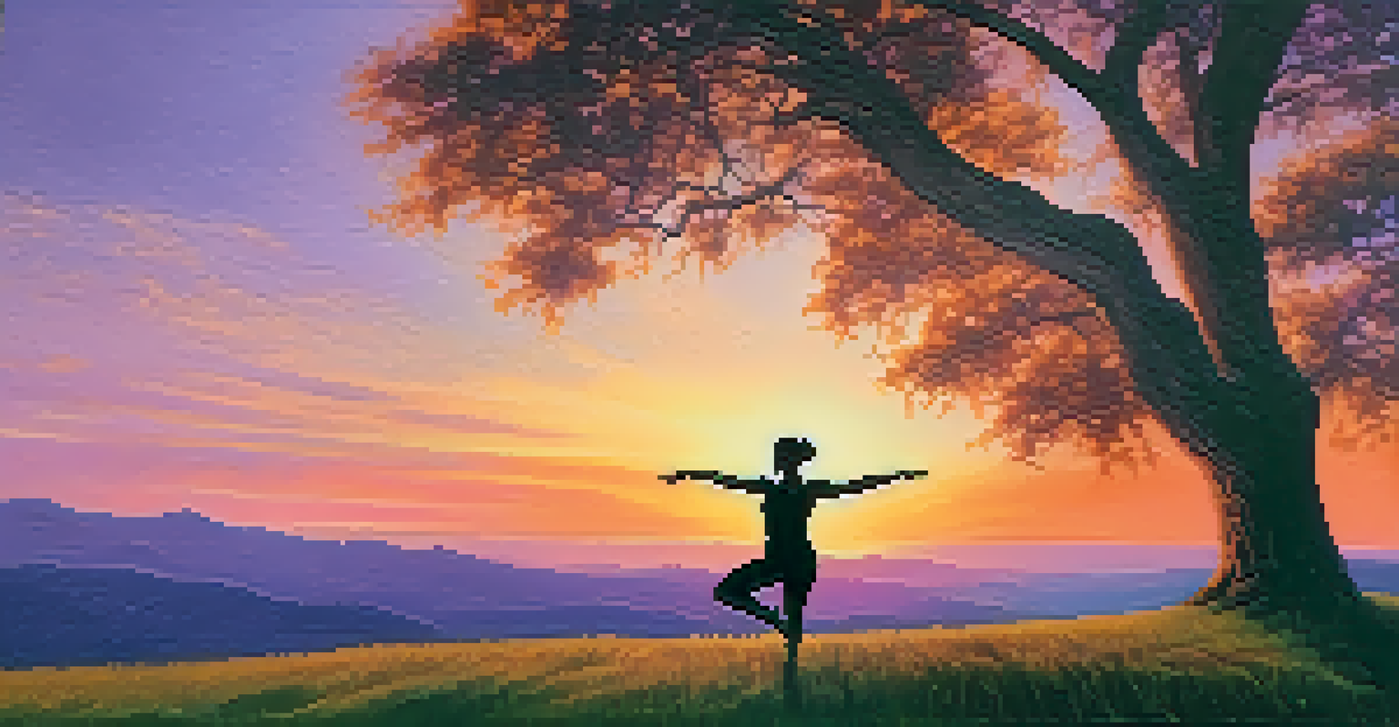 A person practicing Tree Pose on a grassy hill during a colorful sunset.
