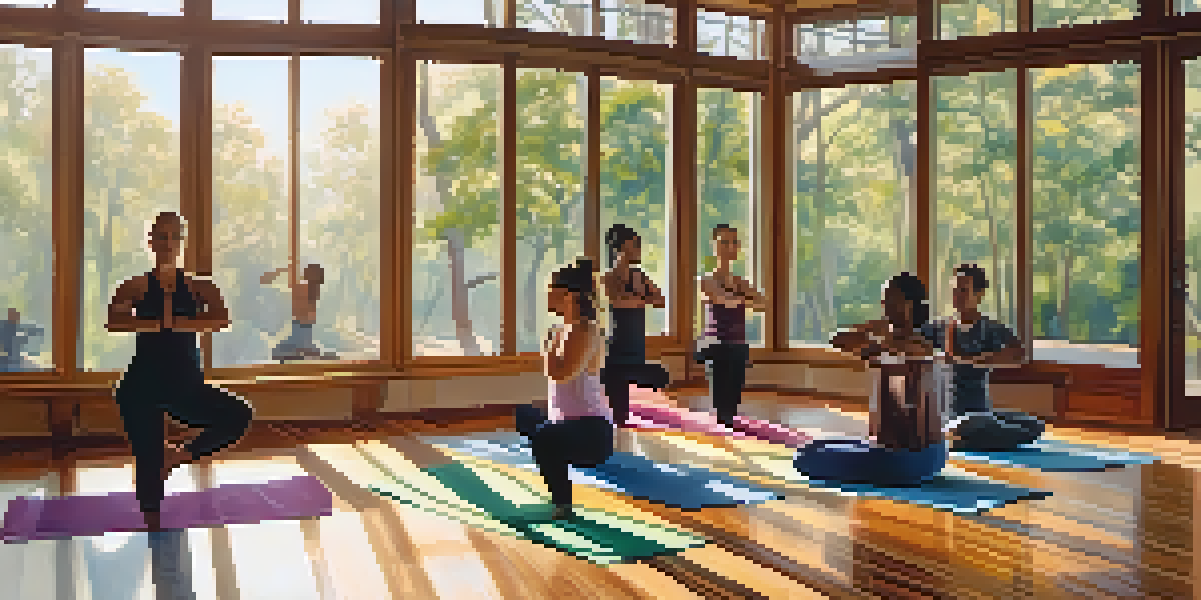 A peaceful yoga studio with diverse individuals practicing yoga poses in warm morning light, emphasizing community and tranquility.