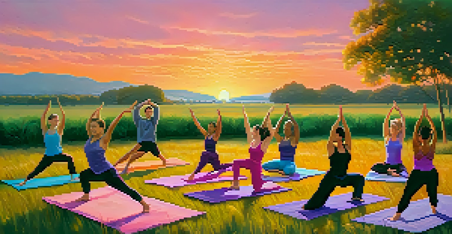 A diverse group of people practicing yoga outdoors during a colorful sunset.