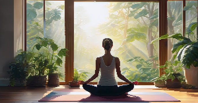 A woman meditating in a yoga studio filled with natural light and plants, creating a peaceful environment.
