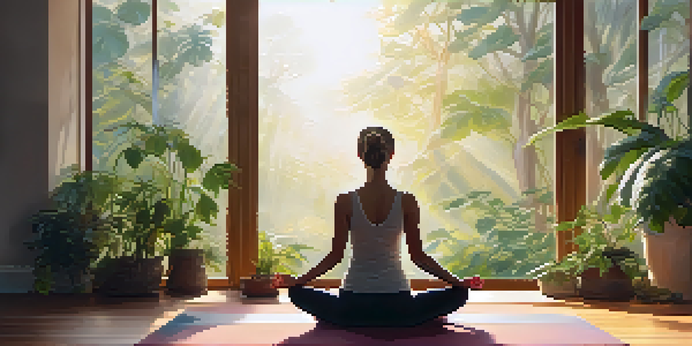 A woman meditating in a yoga studio filled with natural light and plants, creating a peaceful environment.
