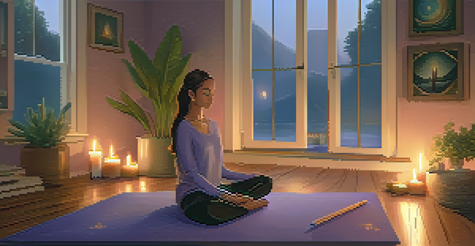 A person meditating in a serene indoor space with candles and a journal.