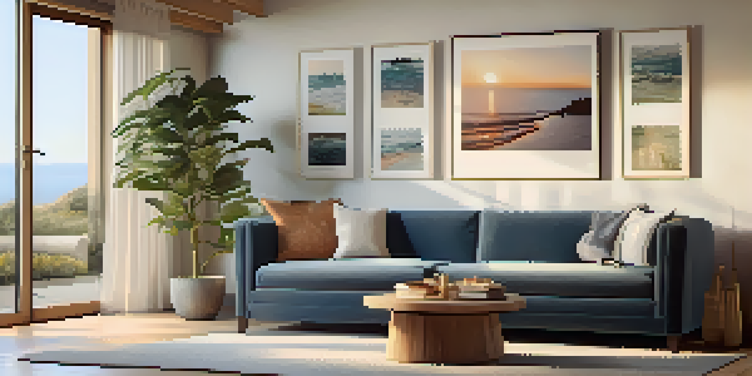 A cozy mindfulness space in a living room with cushions, a mat, candles, and family photos.