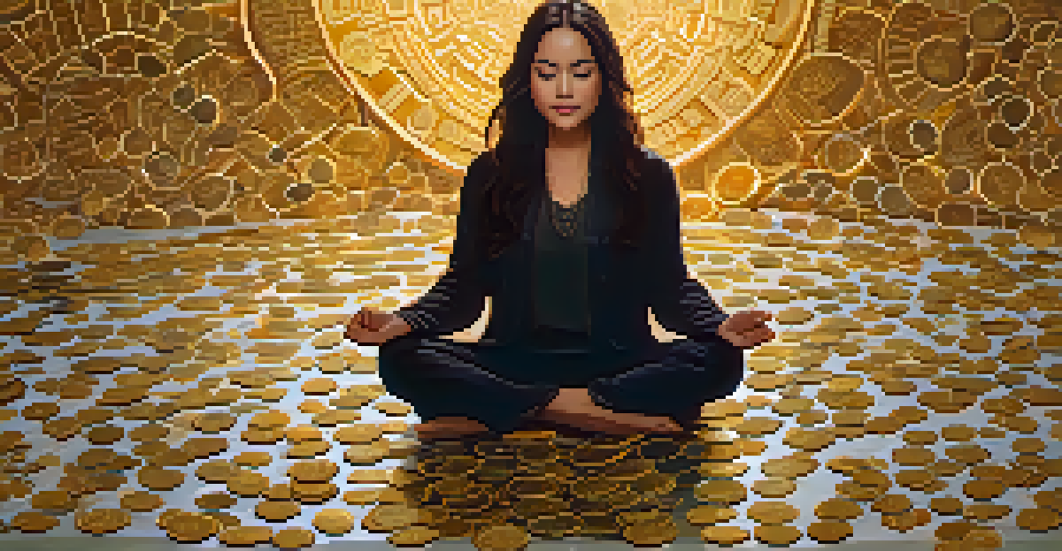 A person meditating with floating dollar signs and coins, symbolizing financial mindfulness, surrounded by warm golden light.