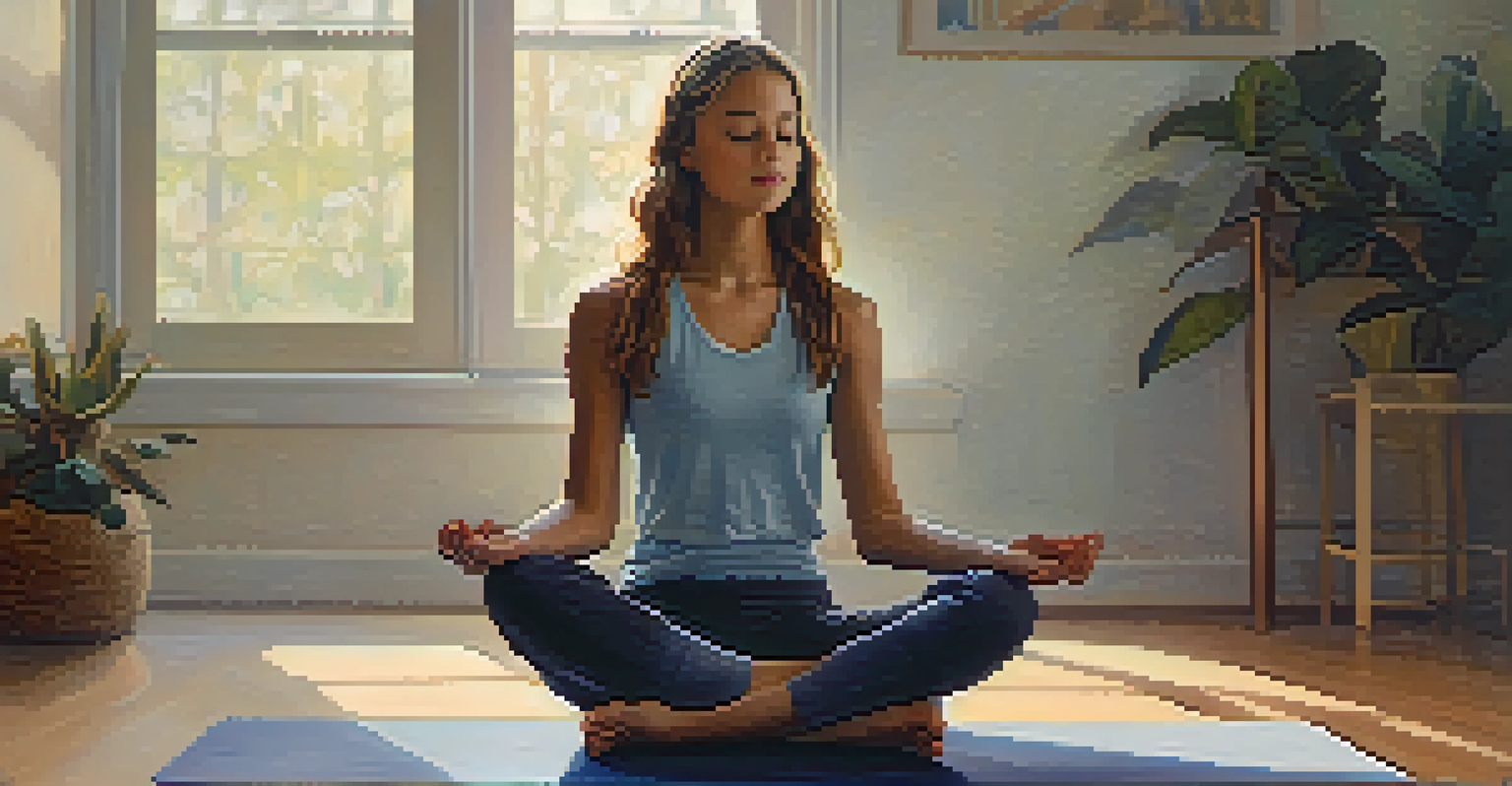 A teen sitting cross-legged on a yoga mat, eyes closed in meditation, with a serene expression.