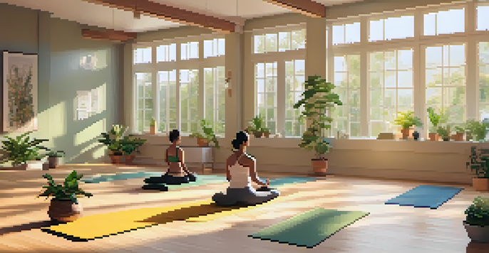 A diverse group of individuals practicing yoga in a bright and serene studio with plants and a garden view.