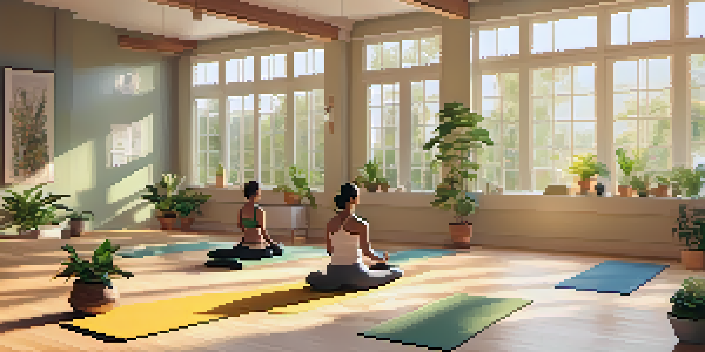 A diverse group of individuals practicing yoga in a bright and serene studio with plants and a garden view.