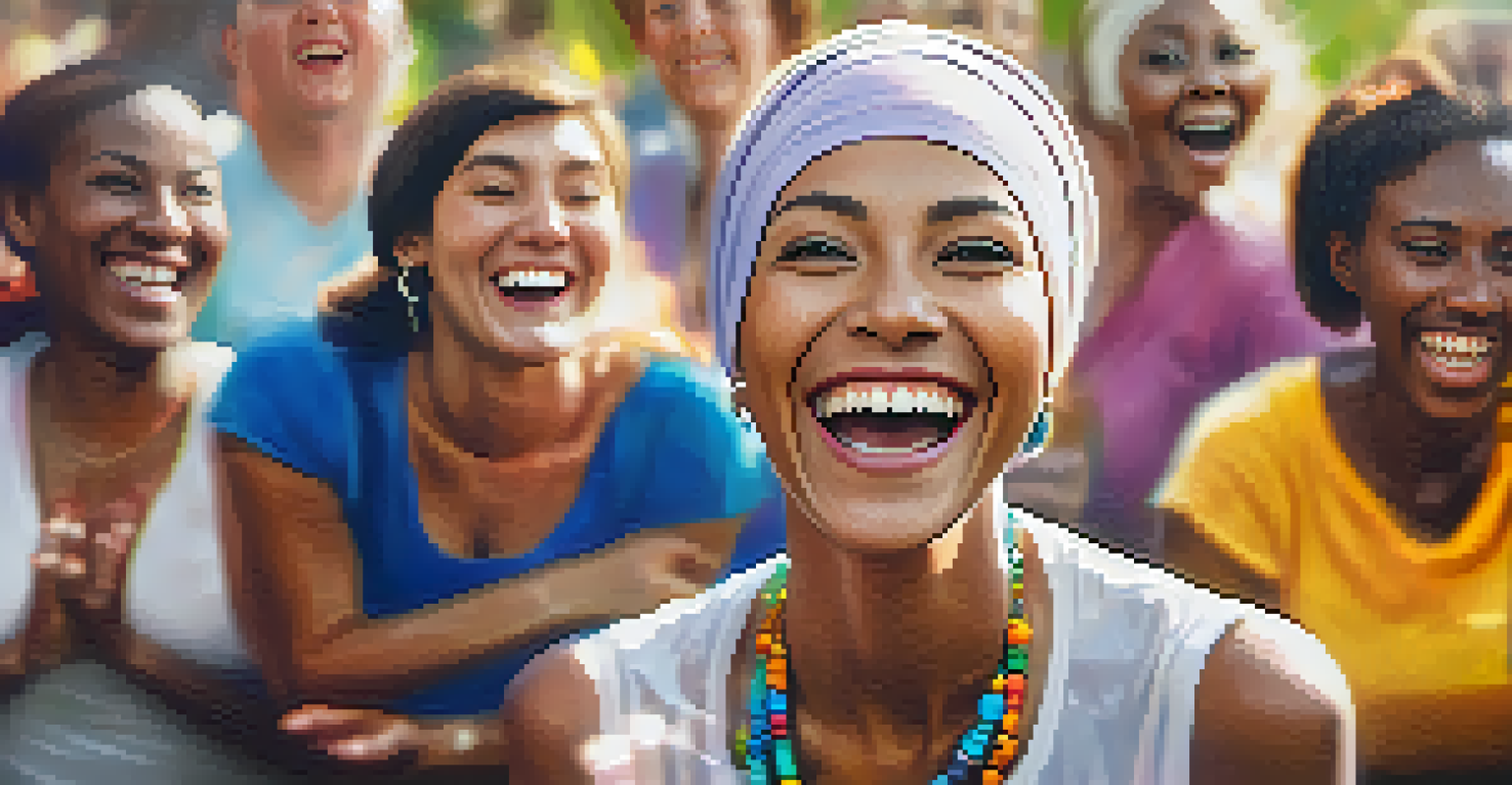 A close-up of a joyful woman laughing during a laughter yoga session, with other participants smiling in the background, conveying a sense of happiness and community.