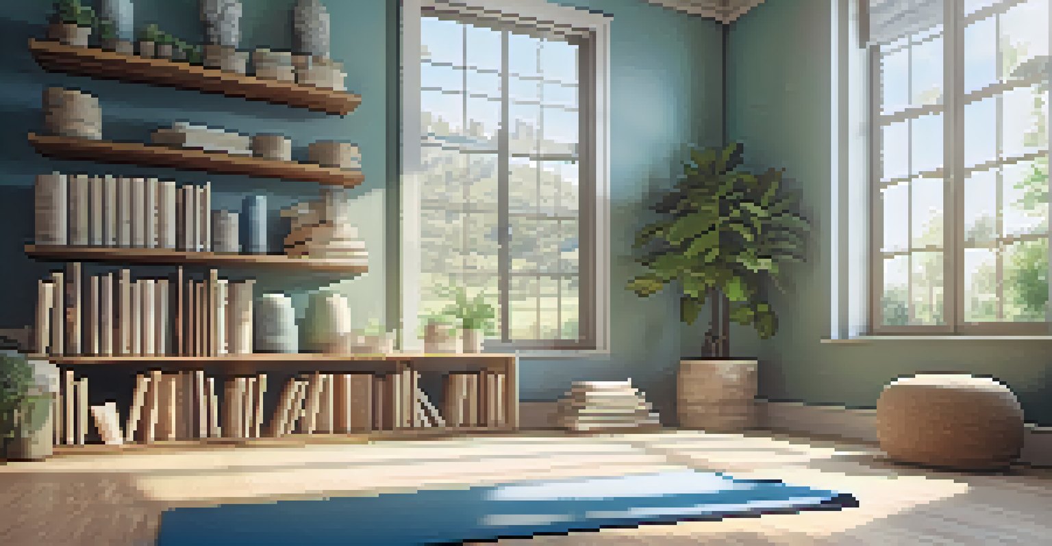 A tranquil yoga studio with a yoga mat and shelves of journals, illuminated by natural light.