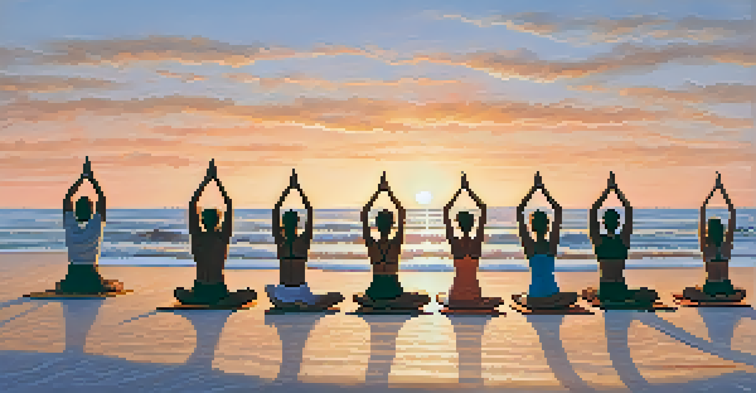 A group of people practicing yoga on a beach at sunrise, with the sun reflecting on the water.