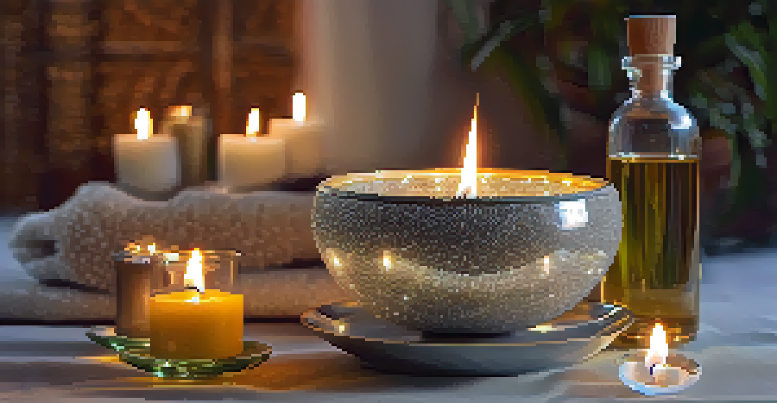 A close-up of a hand striking a crystal singing bowl surrounded by candles and essential oil bottles, creating a calming and inviting scene.