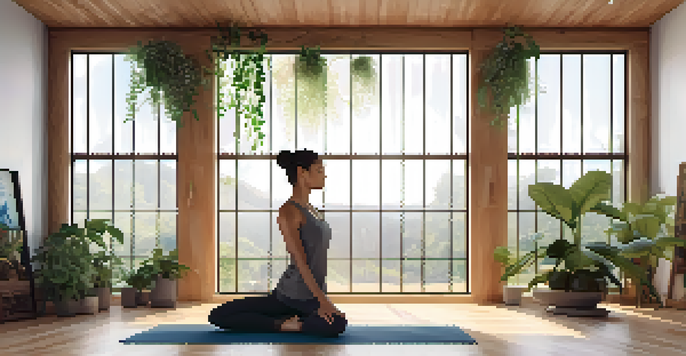 A yoga practitioner demonstrating the Warrior II pose in a serene studio filled with natural light and greenery.