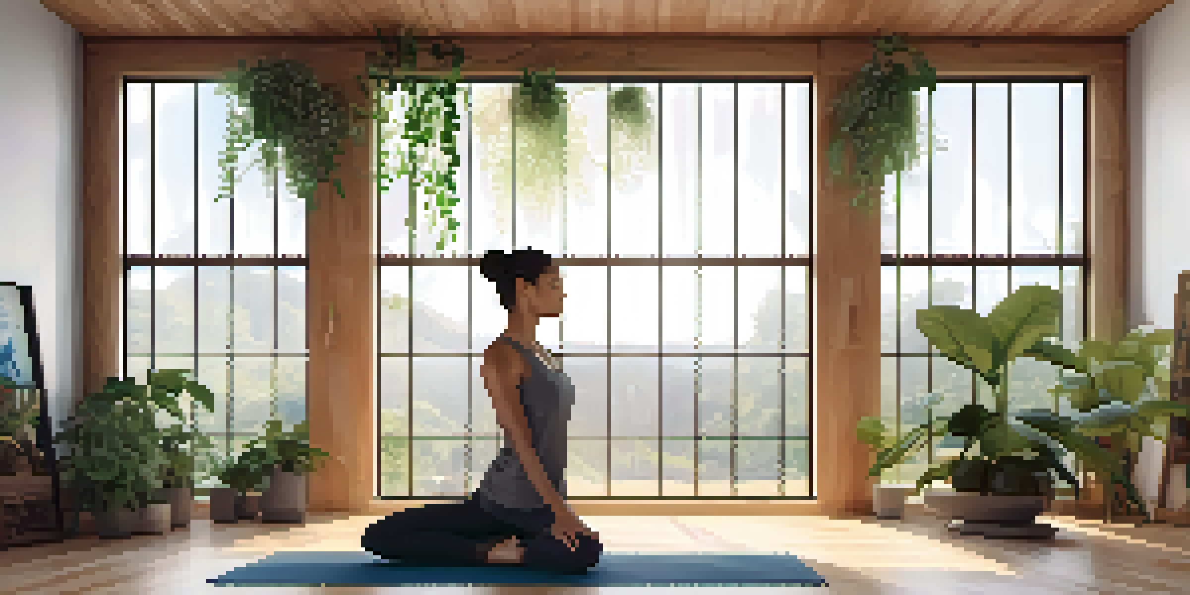 A yoga practitioner demonstrating the Warrior II pose in a serene studio filled with natural light and greenery.
