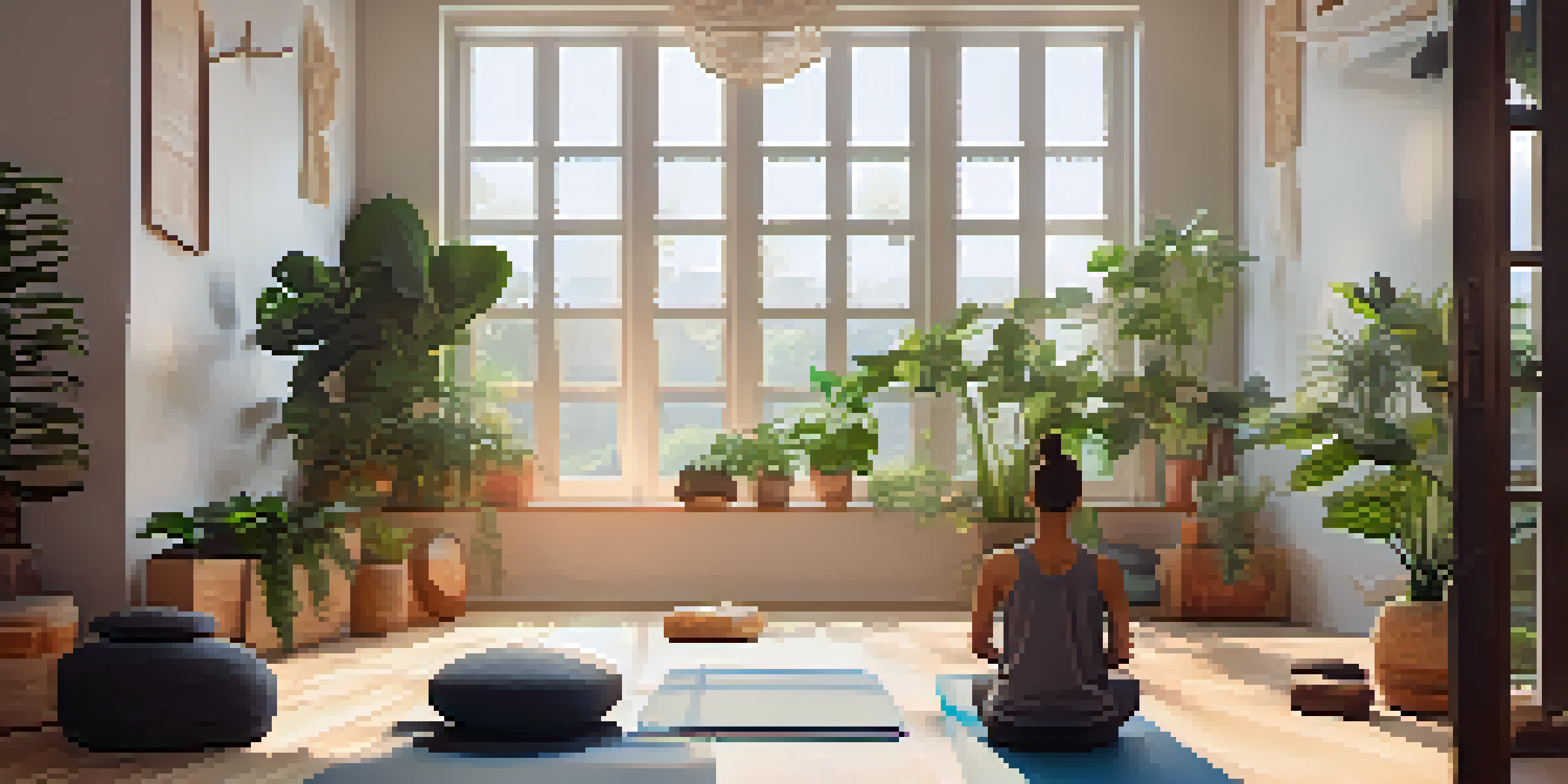 A peaceful yoga studio with sunlight, featuring yoga props and a yogi practicing balance on a cushion.