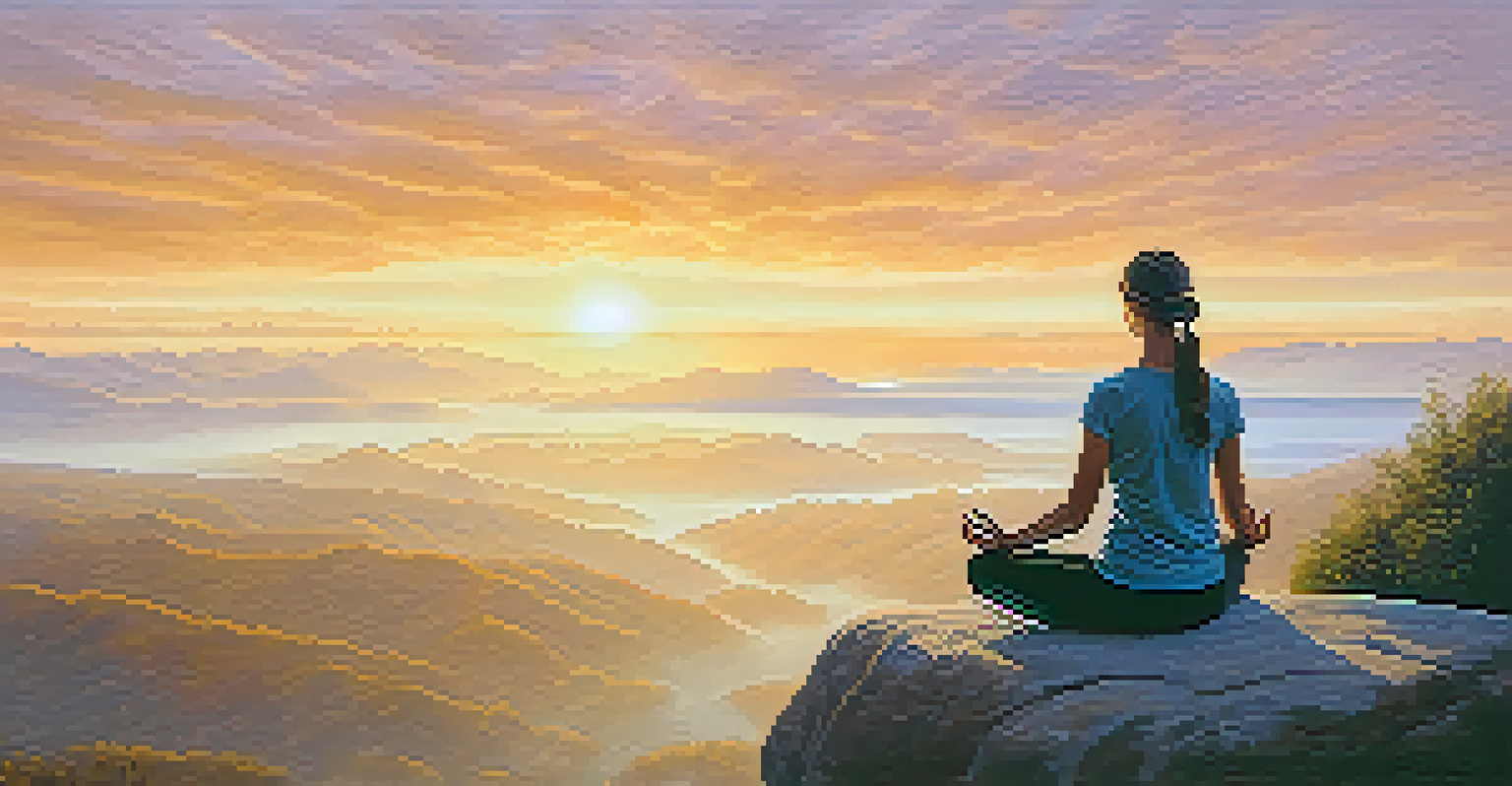 A person practicing yoga at sunrise on a cliff with a misty valley below.
