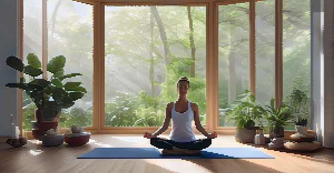 A tranquil yoga studio filled with natural light, featuring a person meditating on a mat, surrounded by plants and candles.