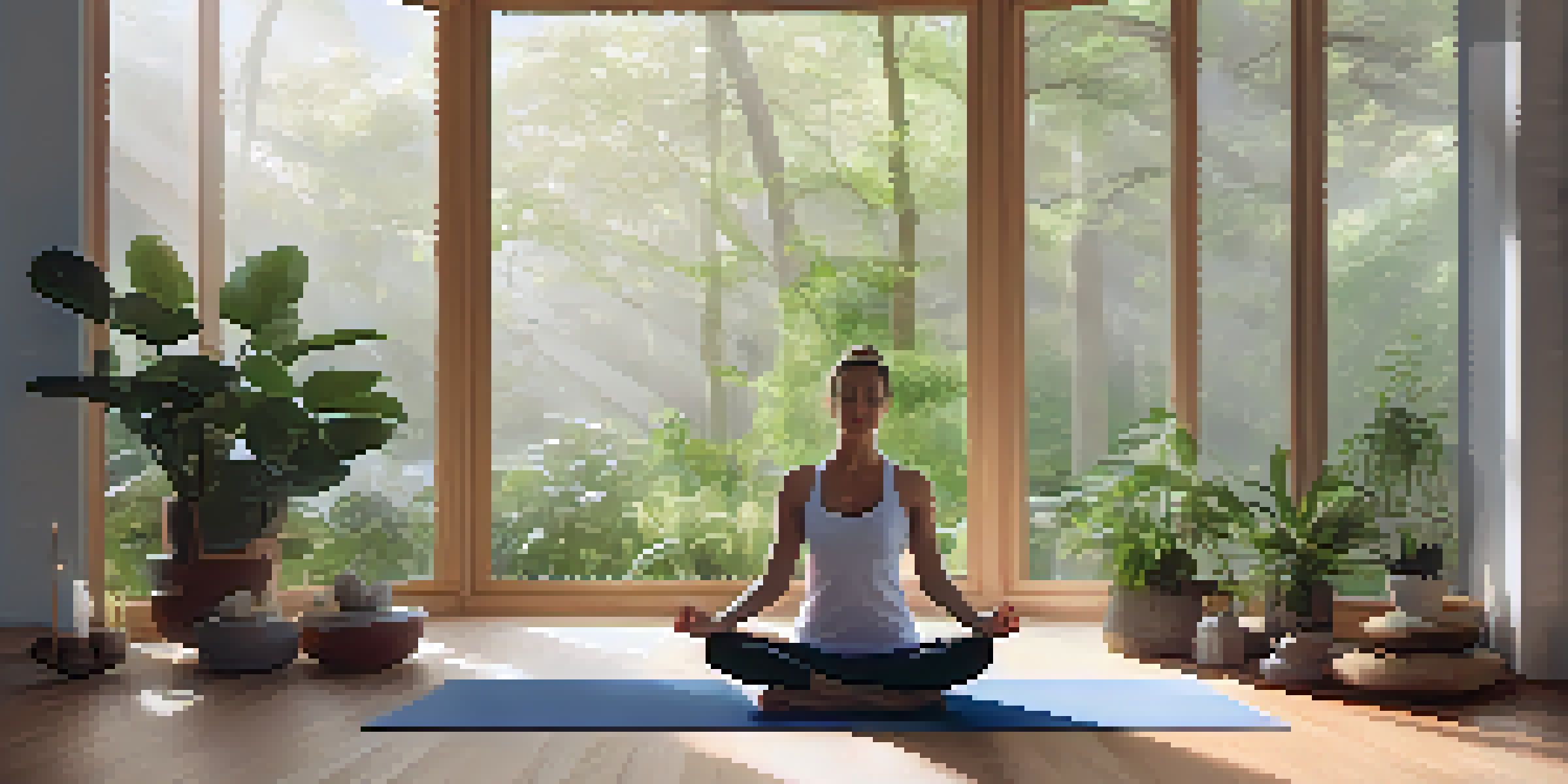 A tranquil yoga studio filled with natural light, featuring a person meditating on a mat, surrounded by plants and candles.