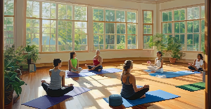 A peaceful yoga studio with diverse practitioners using props in various yoga poses, illuminated by gentle morning light.