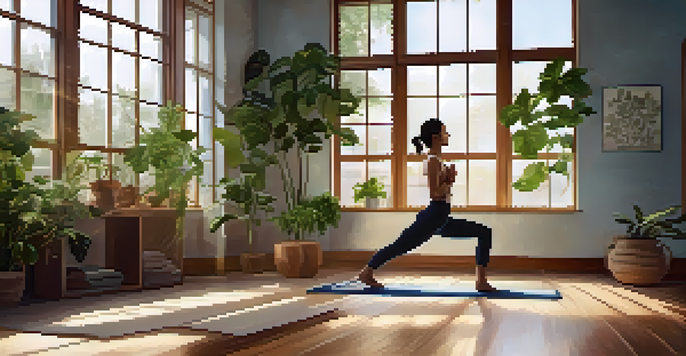 A person practicing a Plank pose in a bright yoga studio filled with indoor plants and sunlight.