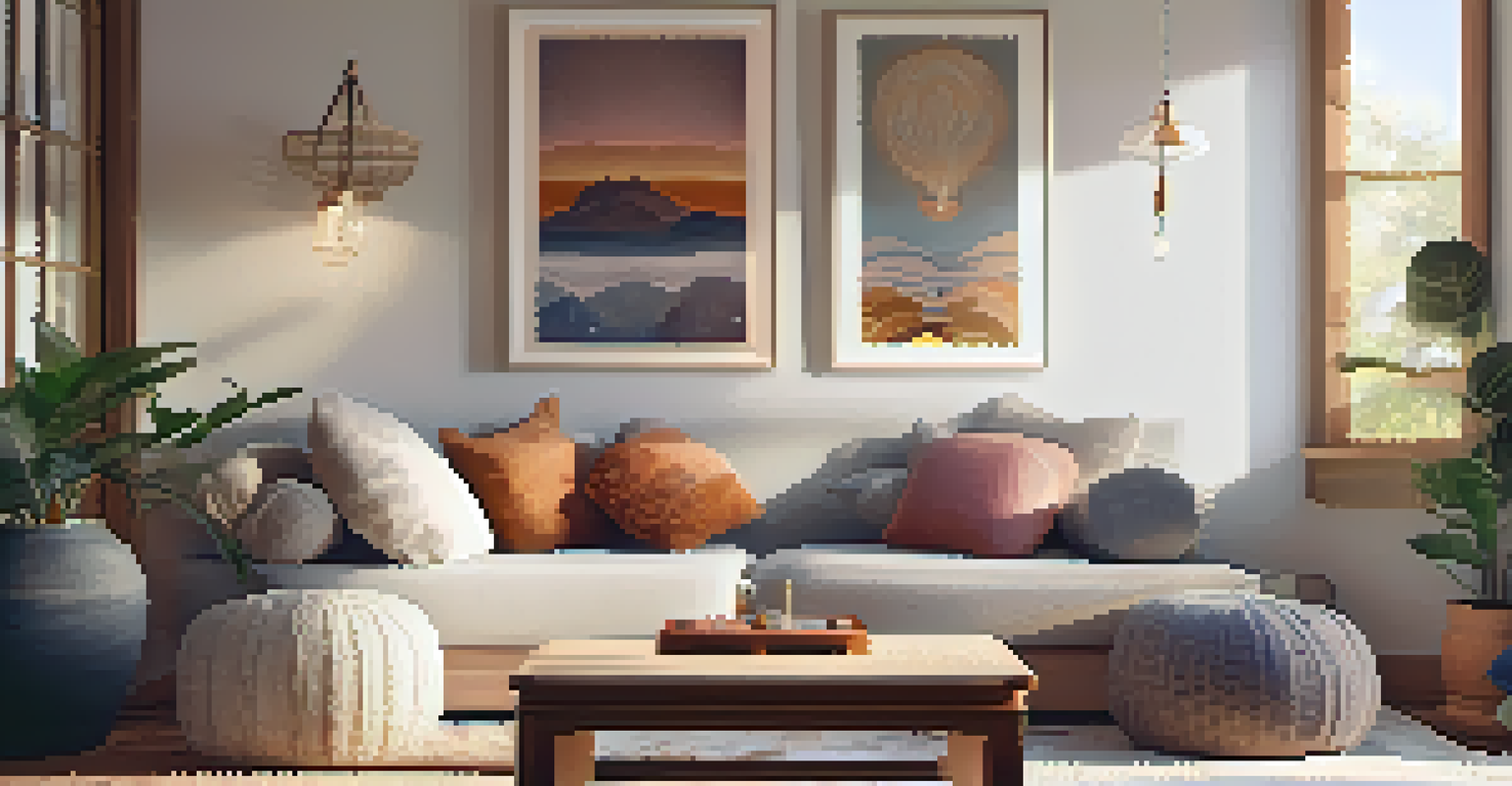 A cozy meditation nook with plush textiles, artwork, essential oils, and ambient lighting.