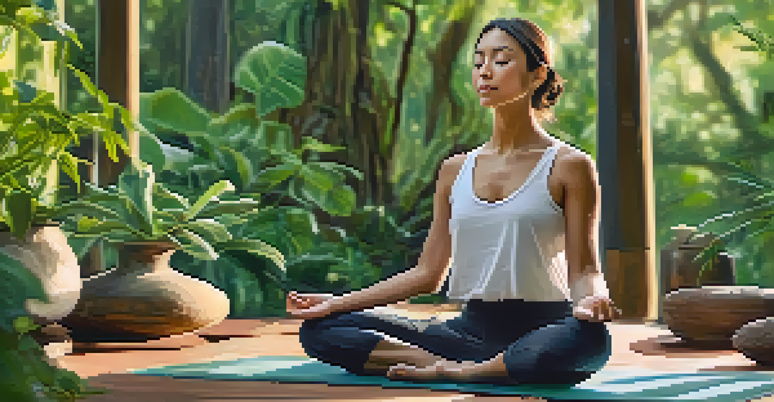 A person meditating outdoors on a yoga mat, surrounded by greenery and sound healing instruments.