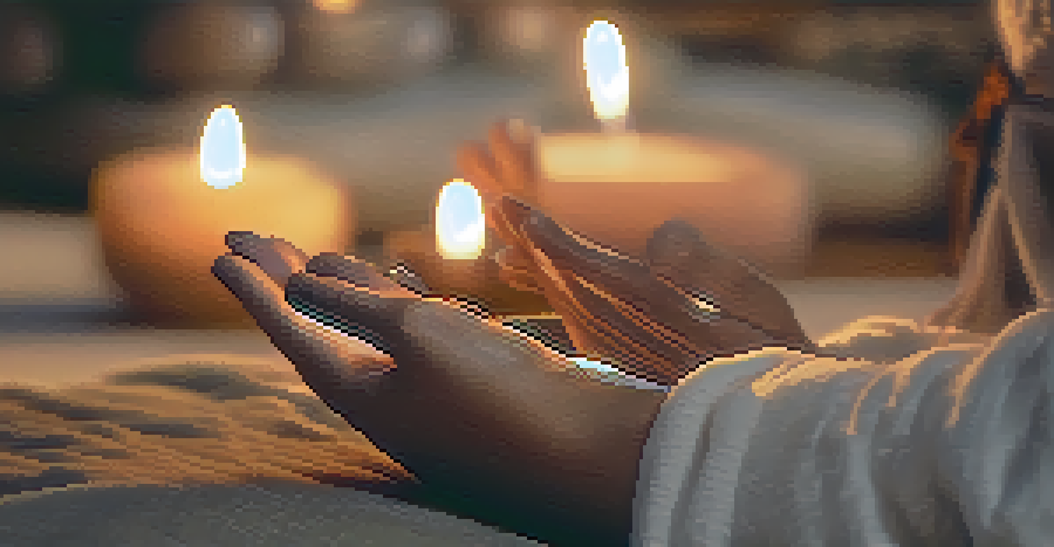 Close-up of hands in a mudra position surrounded by glowing candlelight in a peaceful meditation space.