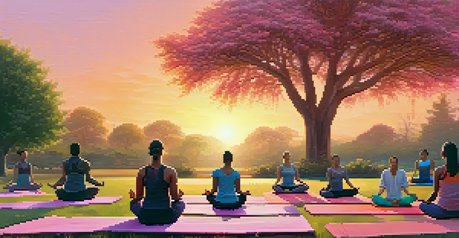Diverse individuals practicing yoga in a park at sunrise, with colorful mats and a beautiful sky.