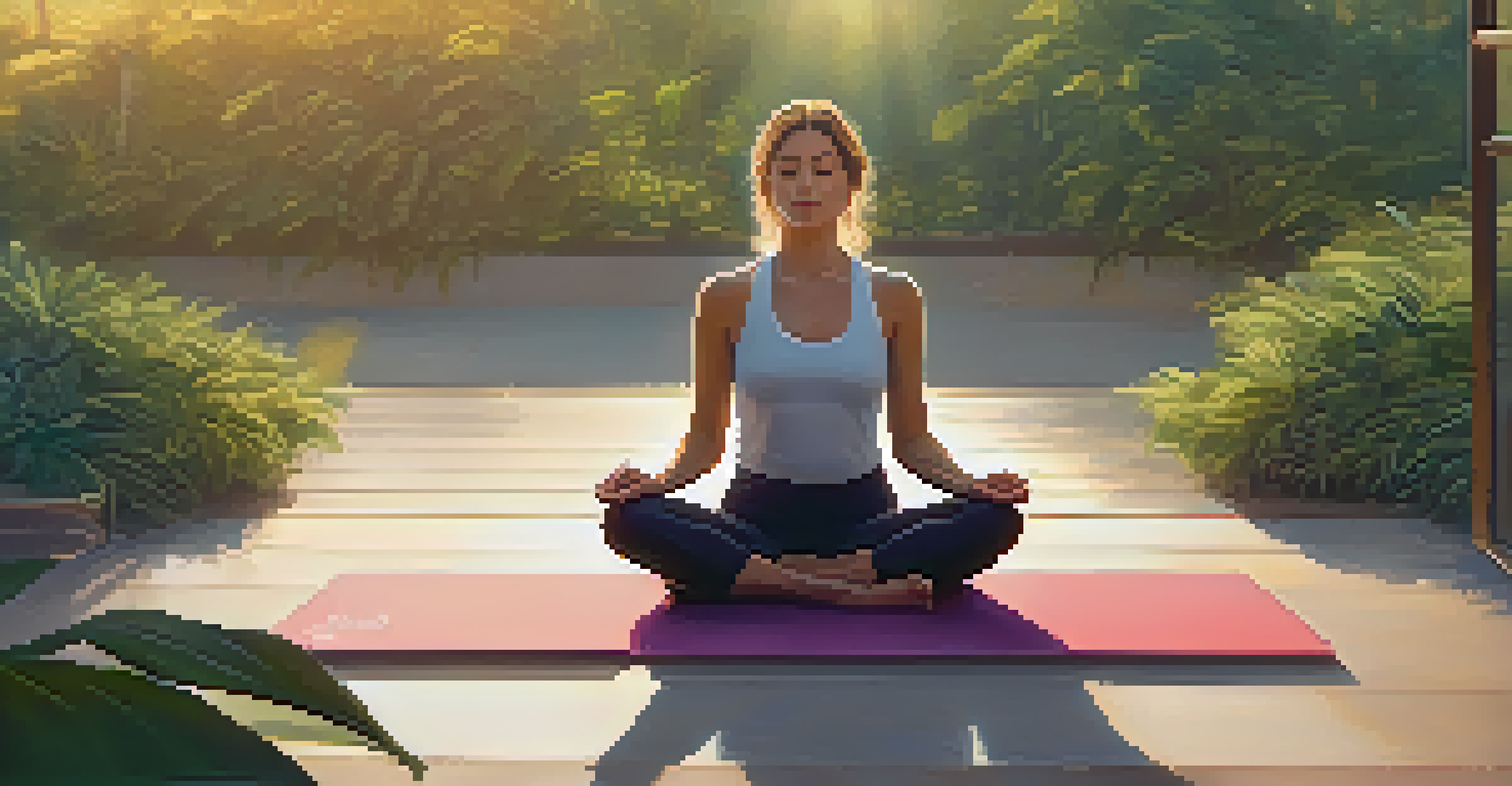 A person meditating on a yoga mat in nature at sunrise, conveying peace and mindfulness.