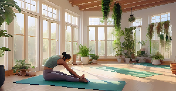 A peaceful yoga studio filled with natural light, featuring a person practicing yoga surrounded by plants and cushions.