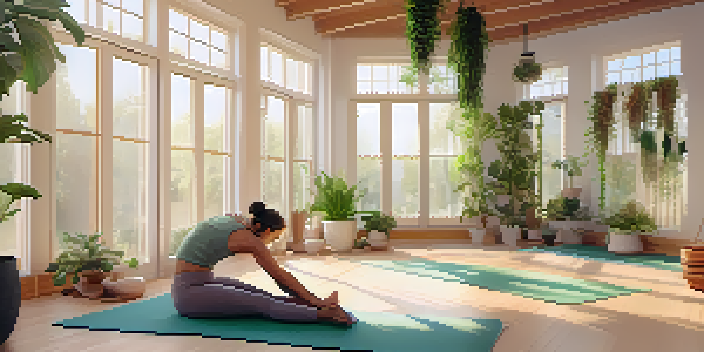 A peaceful yoga studio filled with natural light, featuring a person practicing yoga surrounded by plants and cushions.