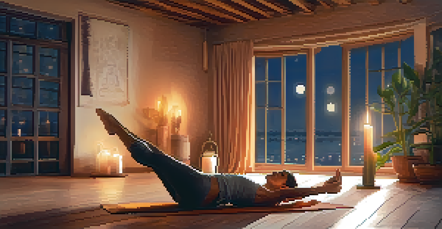 A person in Bridge Pose surrounded by a cozy yoga space with candles and cushions.
