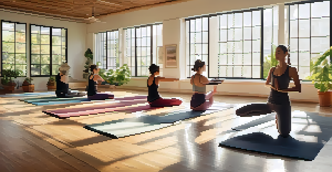 A diverse group of individuals practicing yoga in a sunlit studio with plants and colorful mats.